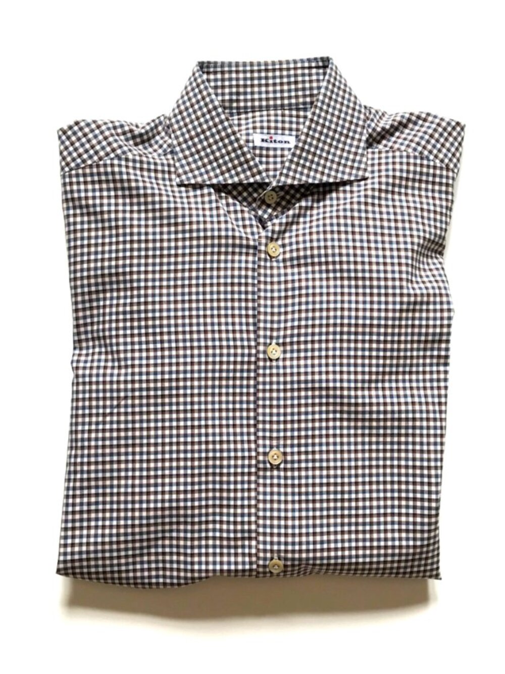 KITON Button Down Sport Shirt Mens 40 16 Brown Blue Check Cotton Long Sleeve